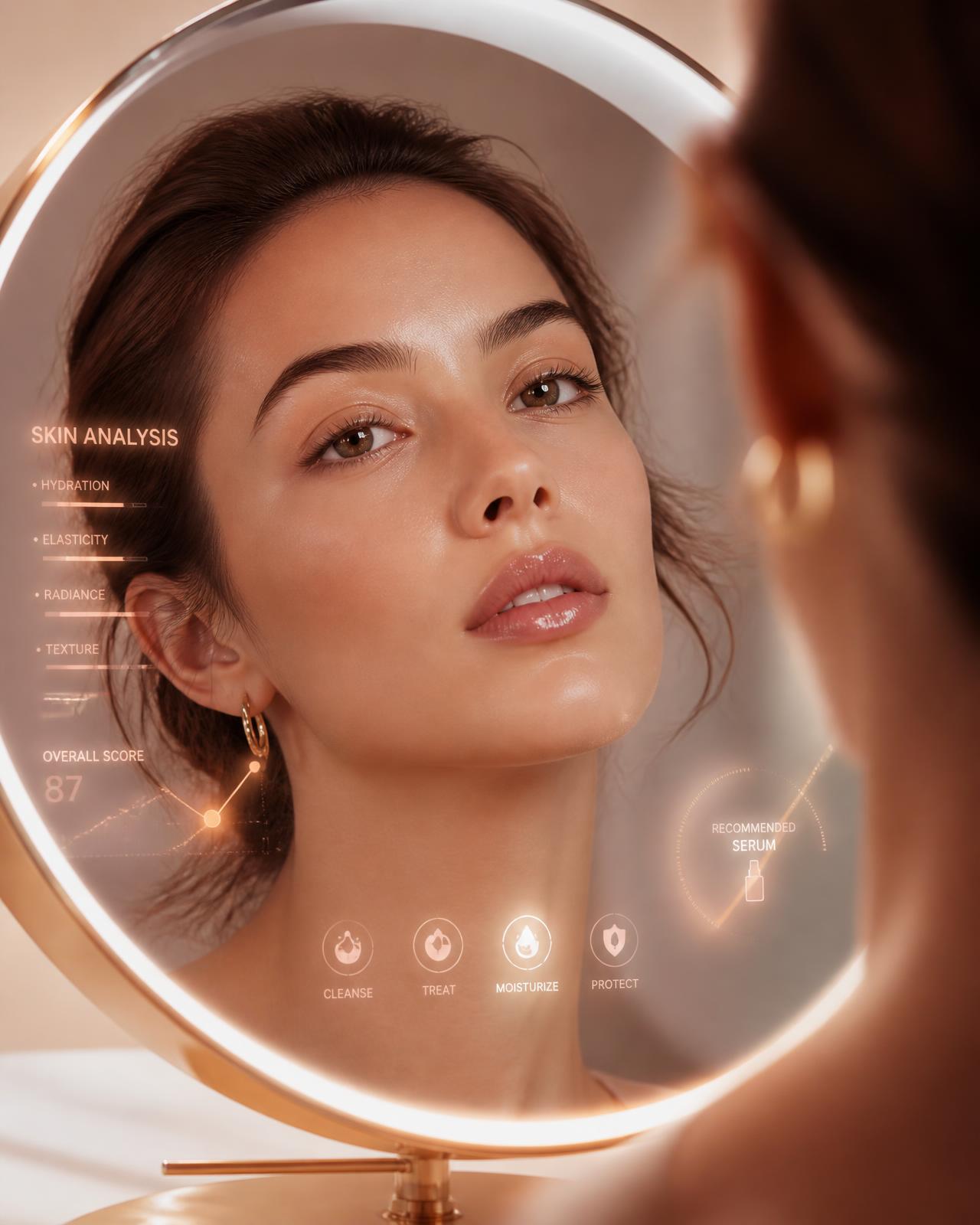 A woman looking into a lit smart mirror that overlays her live skin analysis scores and recommended routine