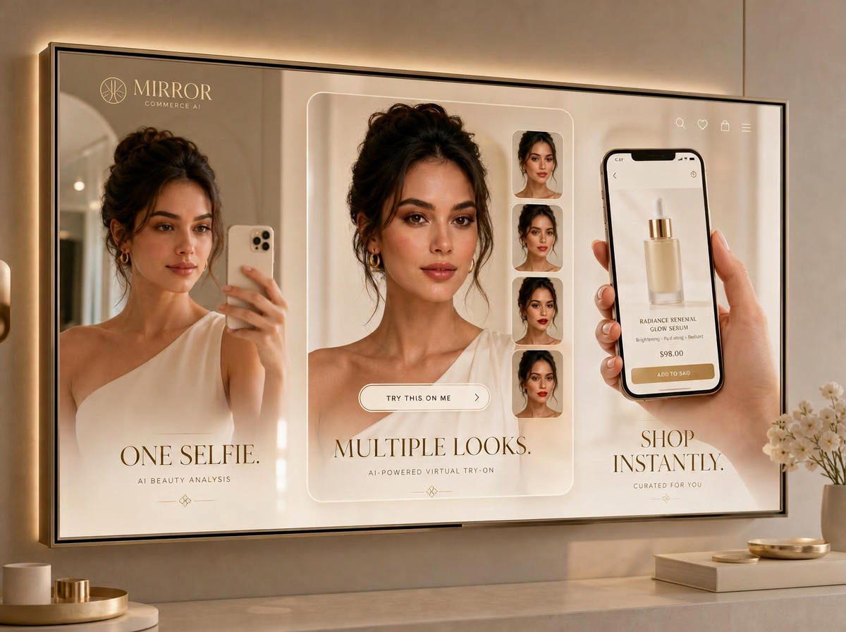 Smart mirror showing one selfie turning into multiple AI beauty looks and shoppable products