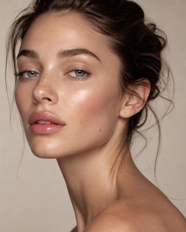 Clean Skin First makeup look — Glass-skin finish, no eyeshadow, tinted balm.