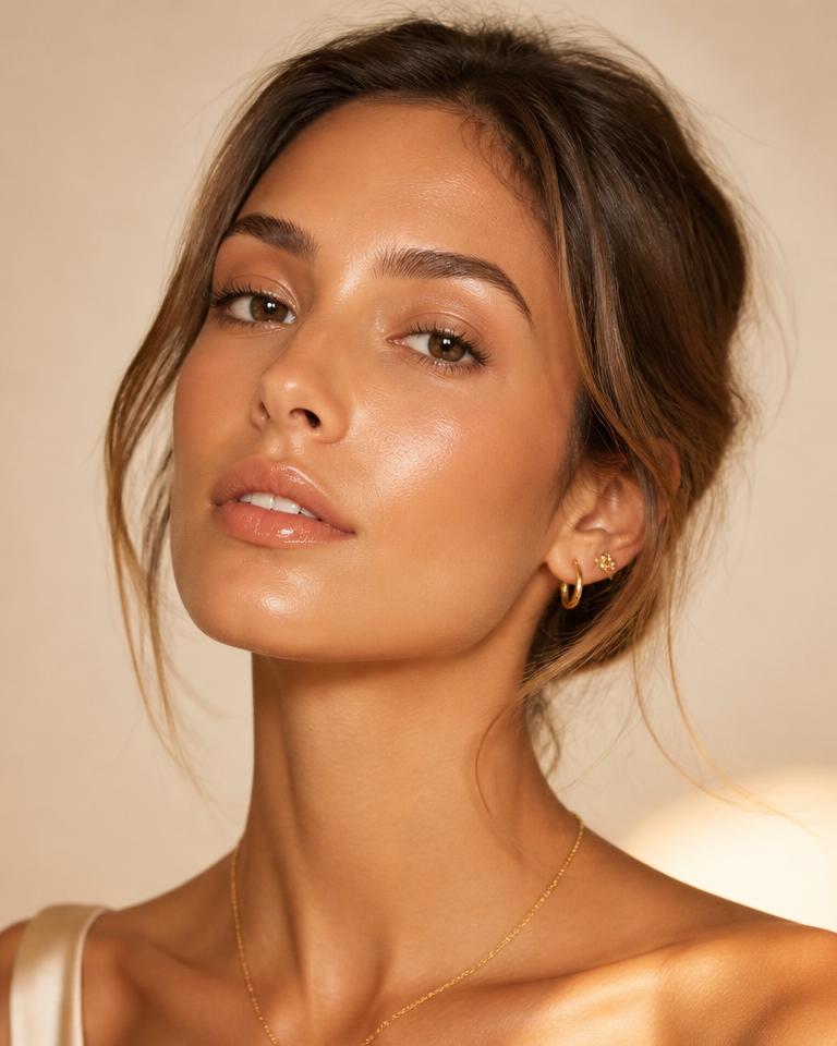 Daylight Glow makeup look — Dewy base, warm cheek, glossy neutral lip.